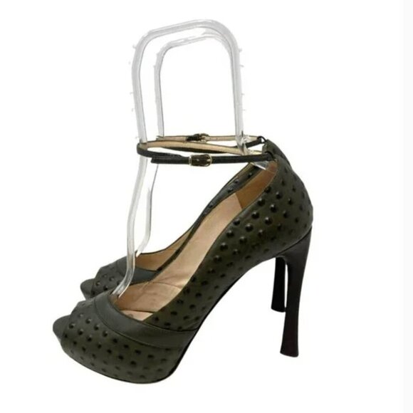 Escada Ostrich Embossed Sage Leather Peep Toe Pumps Size 11 - Picture 9 of 11